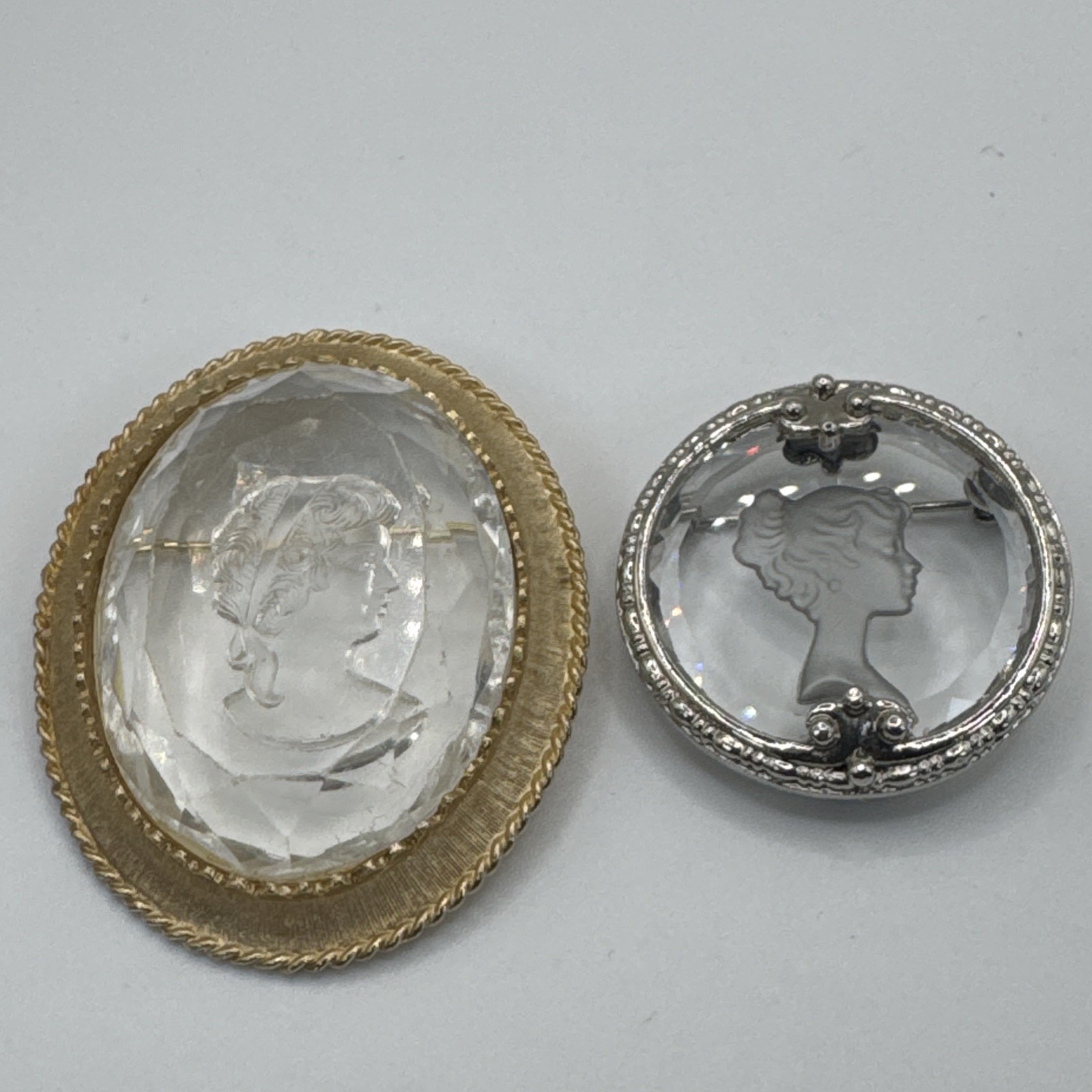 2 Vtg Cameo Pin Brooches Cut Beveled Glass Etched Frosted Portrait Heads Girls